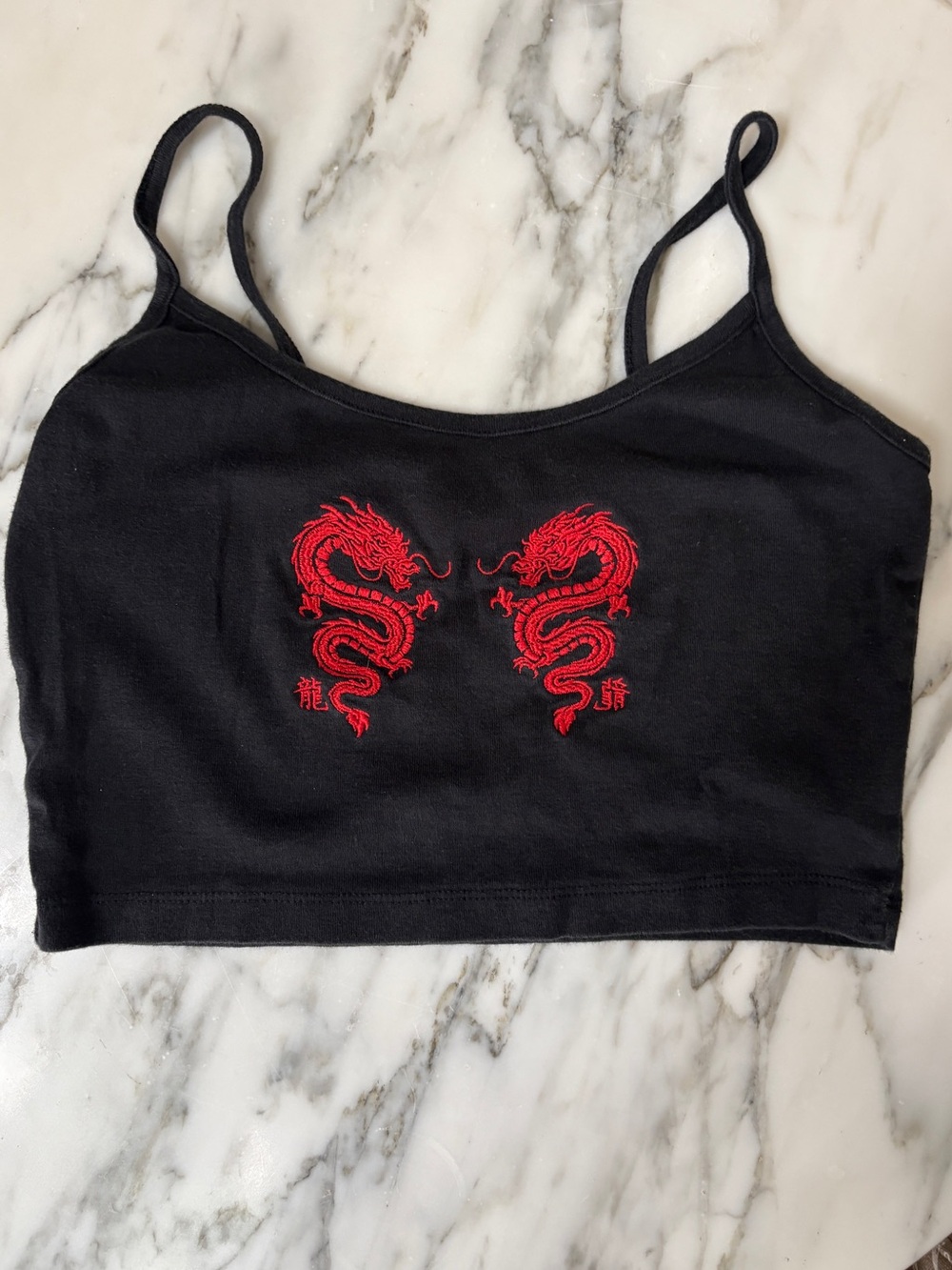 Vintage Urban Outfitters Black Cropped Camisole with Red Dragon Embroidery